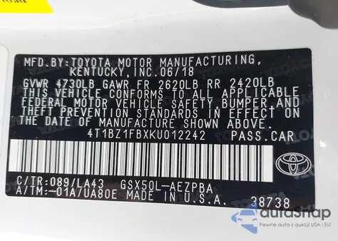 2019 Toyota Avalon Limited from USA, damaged, VIN 4T1BZ1FBXKU012242